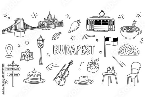 Budapest icons: landmarks, music, cuisine, and culture in black and white
