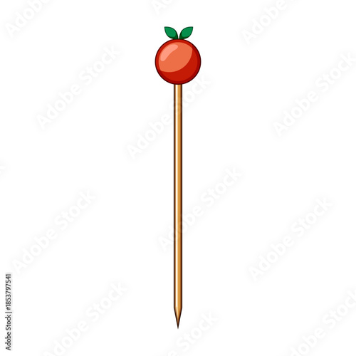 Cocktail pick featuring a rounded red topping resembling a small fruit with two green leaves, used for garnishing drinks and snacks in bars or at parties