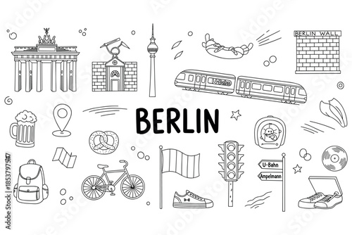 Berlin icons: brandenburg gate, tv tower, u-bahn, beer, berlin wall, backpack, bicycle