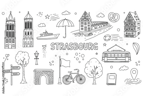 Strasbourg landmarks and elements in black and white doodle art