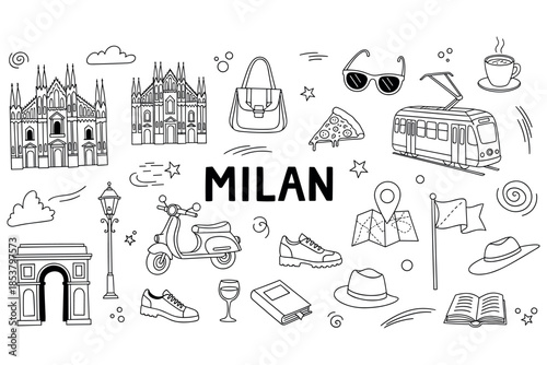 Milan icons: famous landmarks and lifestyle elements in black and white illustration