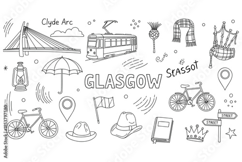 Glasgow landmarks and culture: tram, clyde arc, bagpipes, bicycle, tartan scarf