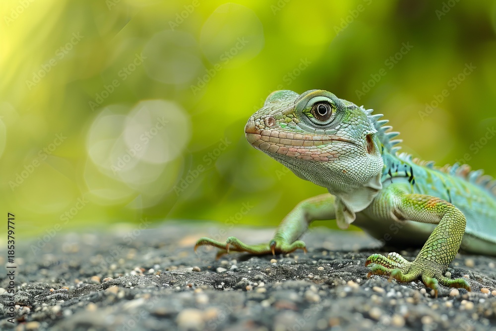 Fototapeta premium Close up of a vibrant chinese water dragon resting on a rock, showcasing its intricate scales and captivating gaze