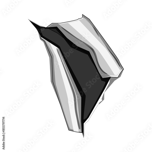 Torn gray metal sheet with fractured, sharp edges and broken fragments arranged on a white background, creating an abstract industrial texture and distressed graphic element