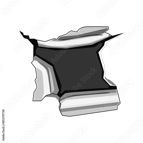 Torn texture creating a rough opening, revealing a dark, empty void, representing concepts of damage, destruction, rupture, and disclosure, isolated on a clean white background