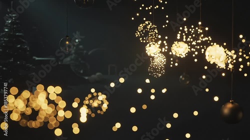 Twinkling Christmas lights hanging against dark background with trees  