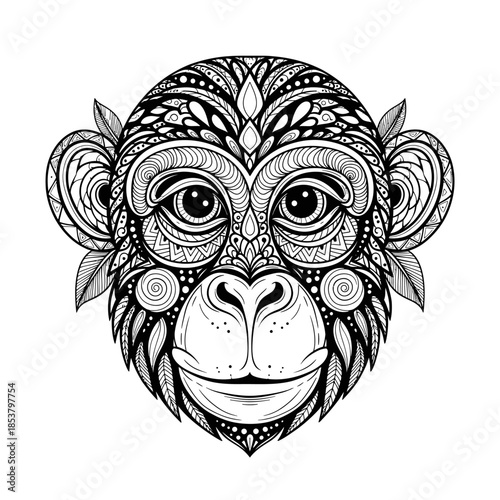 Detailed Monkey Face Illustration with Patterns.