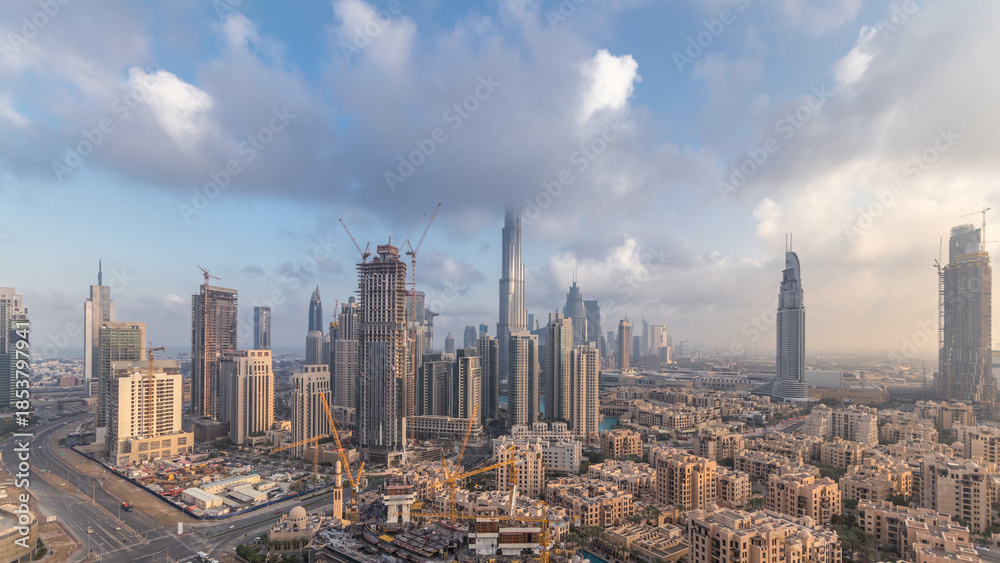 Obraz premium Beautiful luxury Dubai downtown aerial top view early morning timelapse, Dubai, United Arab Emirates