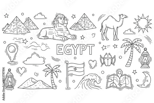 Egyptian symbols: sphinx, pyramids, camel, and palms in doodle art