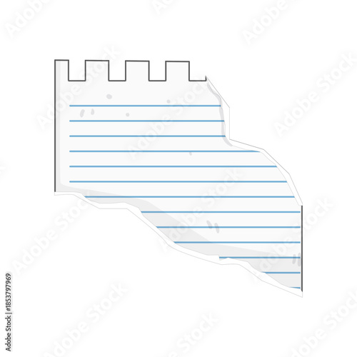 Torn lined paper sheet with binder holes on a white background, useful for notes, reminders, or messages, representing ideas, communication, and educational content