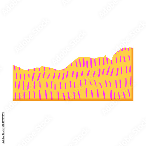 Torn piece of yellow paper with an upper jagged edge, featuring a vibrant, playful abstract pattern of scattered purple dashes on a white background, useful as a border or design element