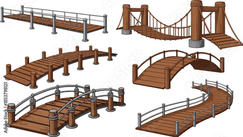 Collection of Various Wooden Bridge Designs Including Suspension Rope Bridge Arched Footpath Curved Walkway and Rustic Timber Pier for Game Assets