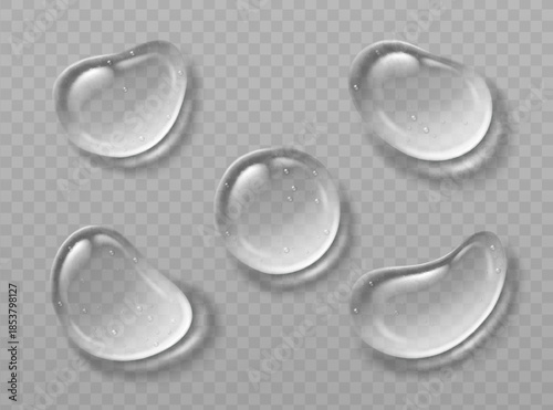 Gel texture smears with water droplets on transparent background. Clear serum puddles and bubbles for cosmetic skincare illustration. Realistic gel blobs with glossy surface and moisture effect.