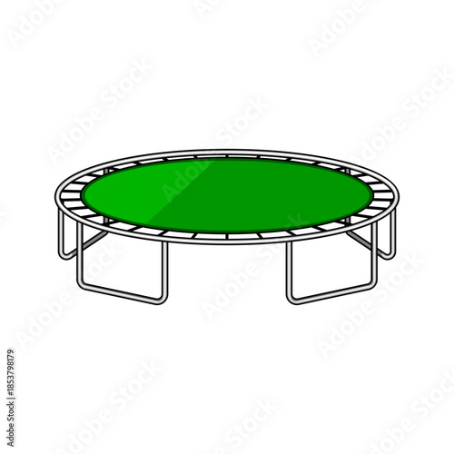 Green trampoline with springy jumping mat illustration showing outdoor fun, bouncy exercise and play for backyard or park, isolated on white for icons and designs