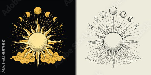 Engraved hand drawn radiant sun with moon phase and clouds