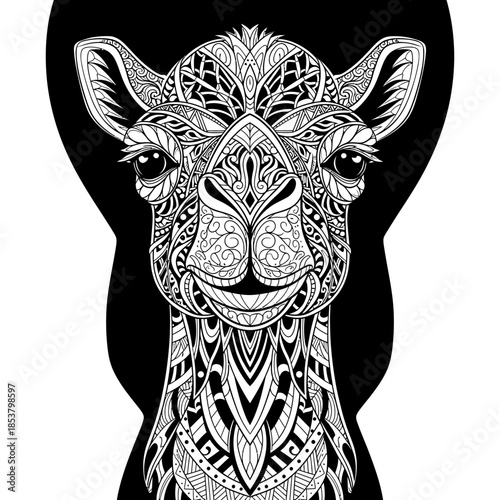 Intricate Black and White Llama Illustration.