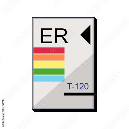 Illustrating a vintage vhs tape spine with er and t 120 text, featuring colorful bars, representing classic analog video recording and home entertainment