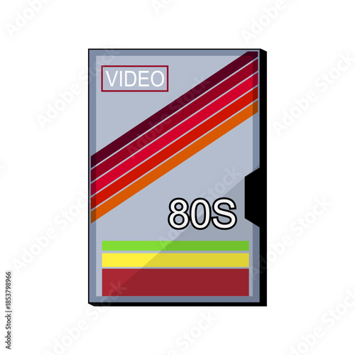Classic design vhs video cassette cover featuring a retro 80s aesthetic with diagonal and horizontal colorful stripes, representing vintage media and entertainment nostalgia