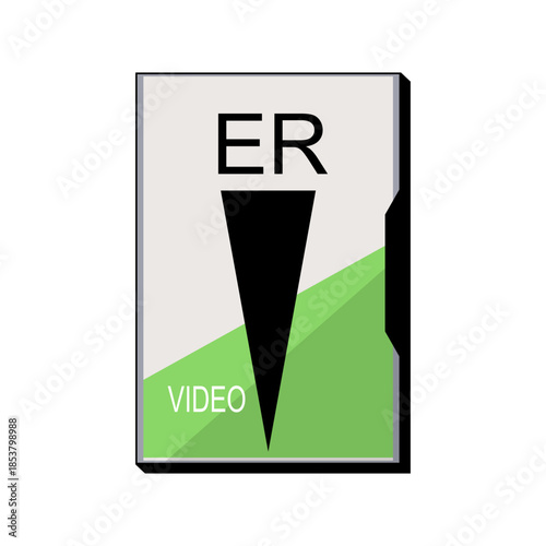 Classic vhs tape cassette cover with er text and video label, featuring a distinct retro green and grey design, representing old media, broadcasting, and archival content