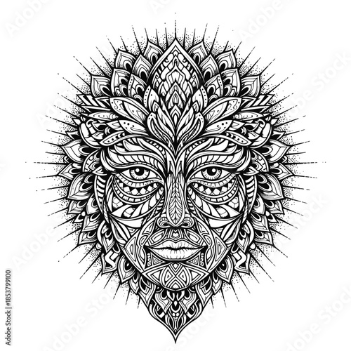 Intricate Black and White Sun Face Illustration.