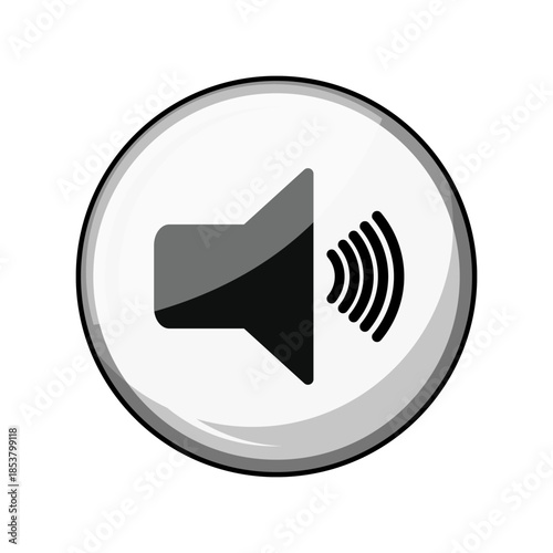 Glossy circular button featuring a stylized speaker symbol with multiple sound waves emanating from it, representing audio output and sound control in digital user interfaces