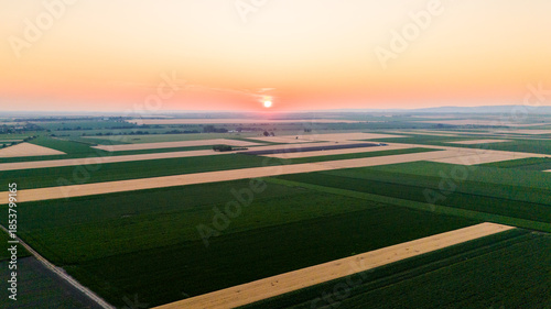 Aerial view of patterned fields bathed in the warm glow of the setting sun, painting the landscape with hues of gold and green, Novi Sad, Vojvodina, Serbia.