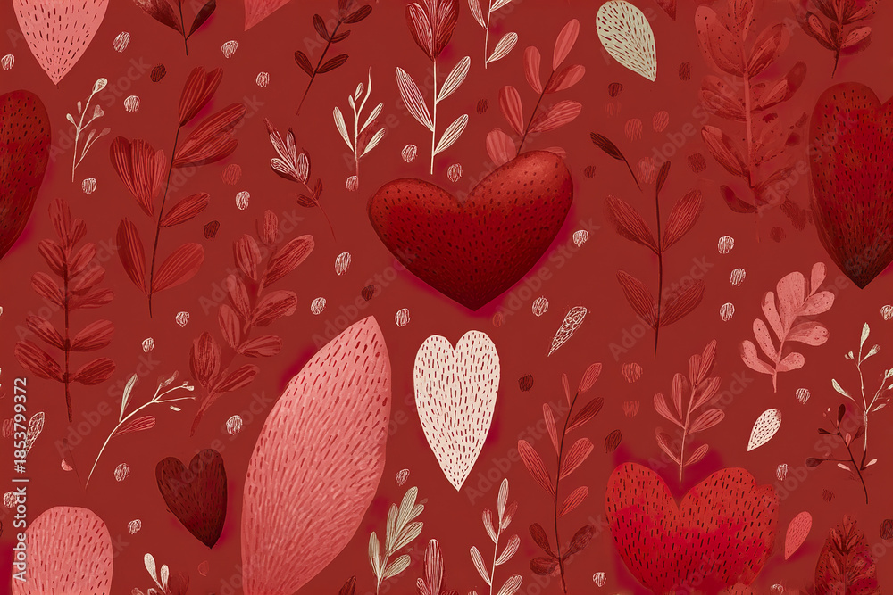 Obraz premium Feminine heart with red background and stylized leaves creates warm and romantic pattern filled with soft textures and natural elements for decorative design