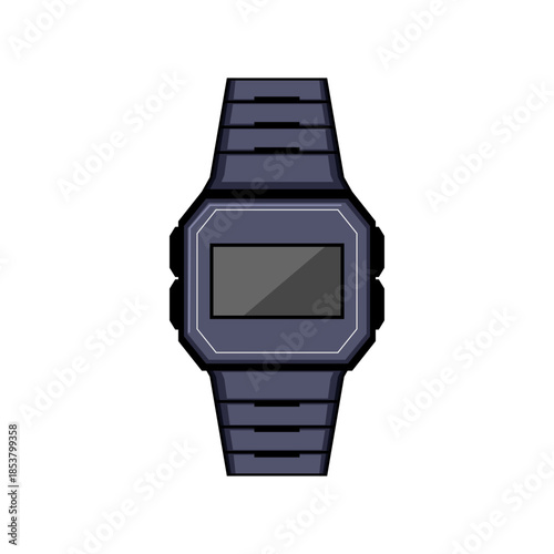 Digital wrist watch artwork showing a classic electronic timepiece design with a dark gray case and a blank screen, symbolizing traditional time measuring and retro gadget styles