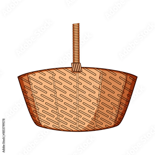 Wicker basket serving as an empty container, showcasing its woven texture and handle, perfect for carrying items or symbolizing concepts like picnic, shopping, or handicrafts