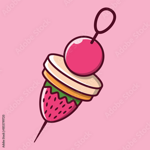 Cute cartoon illustration of a strawberry dessert skewer or sweet treat. This colorful vector-style graphic features a strawberry base, biscuit layer, and cherry top on a stick