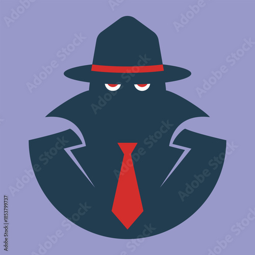 Minimalist flat illustration of a mysterious detective or secret agent. The design features a dark silhouette wearing a fedora hat and trench coat with a red tie and glowing eyes
