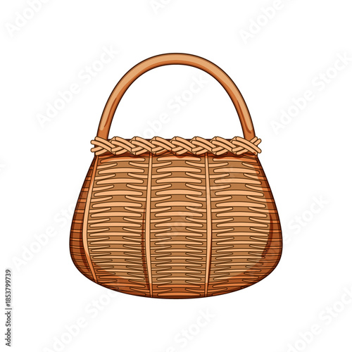 Wicker basket illustration featuring a classic design with a sturdy handle and woven texture, suitable for concepts related to handicrafts, shopping, storage, or spring and summer themes