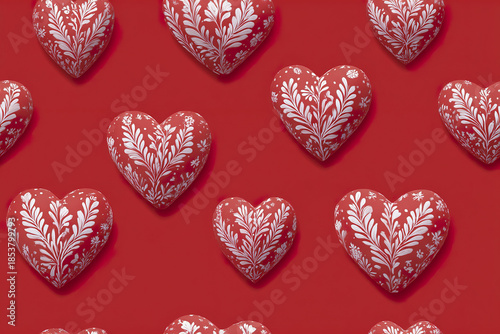 Red heart with white floral pattern on red background, romantic and decorative design for love and celebration themes