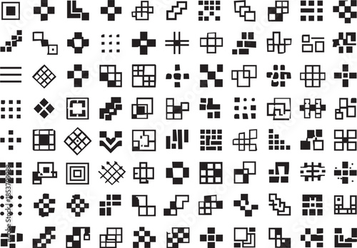 Collection of vector black and white square symbols, minimalist block ornaments, and digital grid icons.