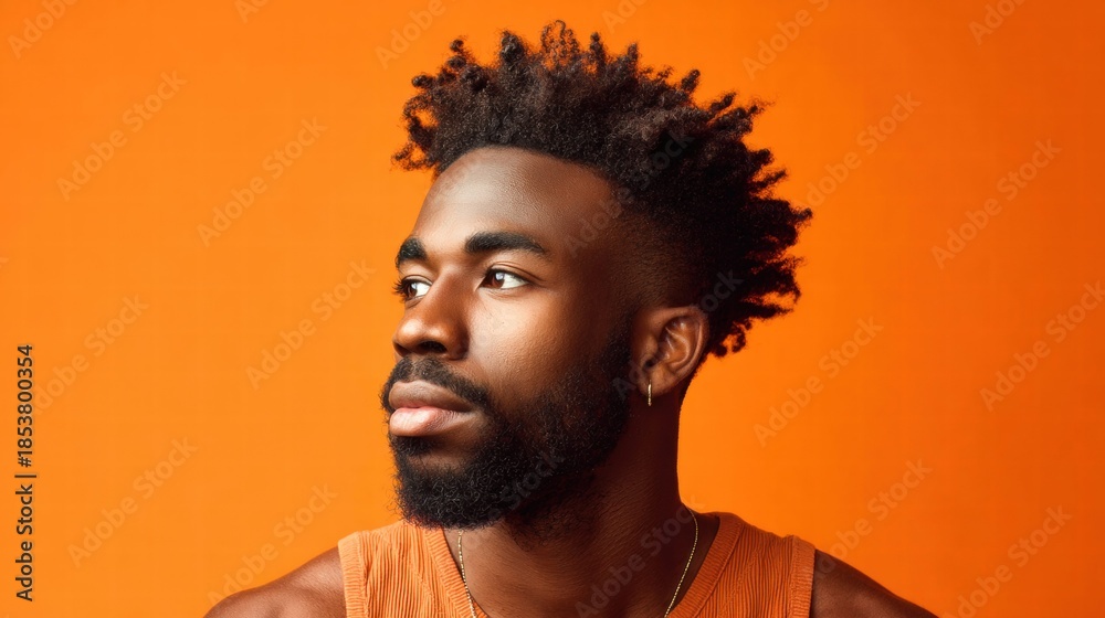 Obraz premium Handsome Black man with stylish haircut posing against a vibrant orange backdrop.