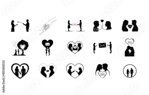 Love and Breakup Relationship Silhouette Icons Set with Couples and Hearts