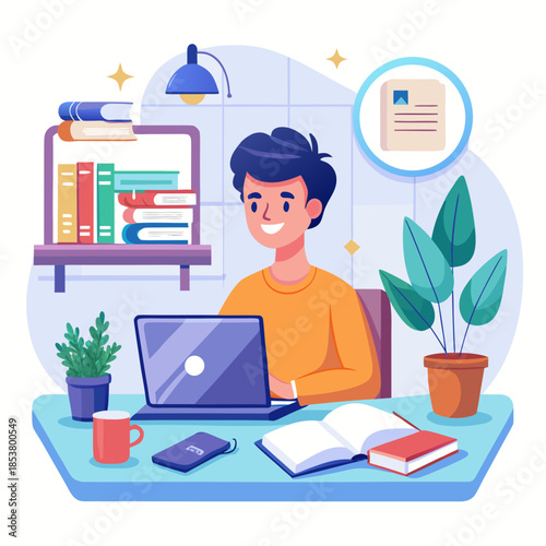 Student Studying with Laptop at Home Study Desk Illustration