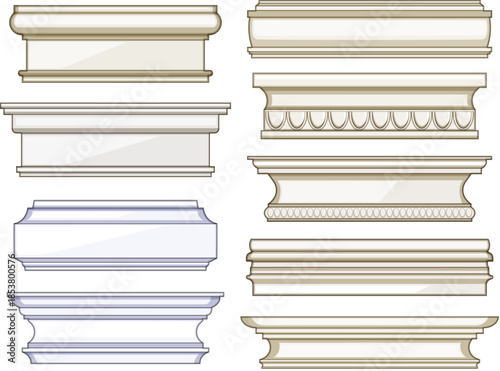 Set of assorted architectural molding profiles providing different design options and decorative elements for interior trim, baseboards, and cornice applications in home improvement projects