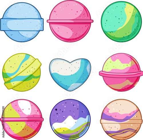 Assortment of vibrant bath bombs and fizzy treats with different appealing colors and patterns, creating a decorative and inviting display for self care and relaxation