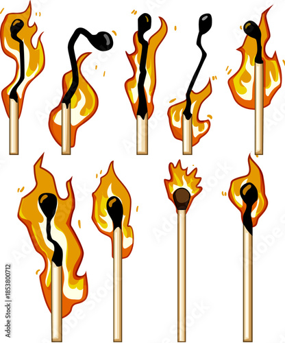 Collection of burning wooden matchsticks in various stages of ignition and decay, orange flames turning sticks into dark charcoal with smoke on a white background