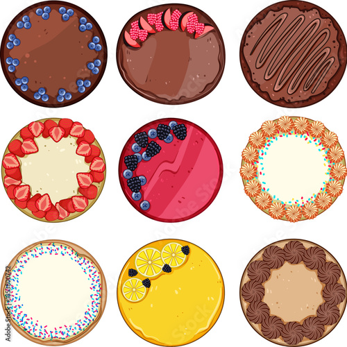 Collection of nine differently decorated round desserts, including cheesecakes, chocolate cakes, and fruit tarts, presenting a variety of sweet flavors and toppings from an aerial perspective