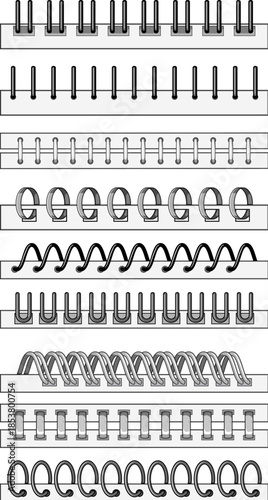 Collection of various binding methods including spiral coils, twin loop wires, and plastic comb spines, representing concepts of organization, stationery, and document assembly