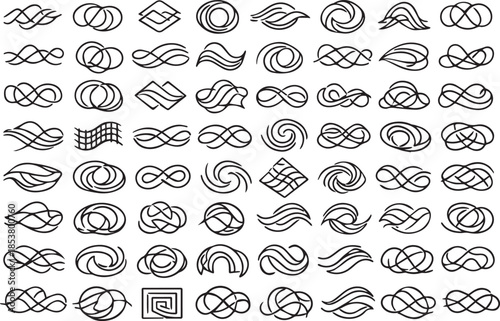 Collection of minimalist abstract line art flourishes and decorative swirl icons
