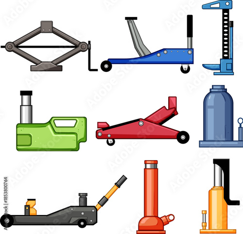 Various types of car jacks, including scissor, floor, and bottle jacks, presenting essential tools for automotive repair, vehicle servicing, and lifting operations in garages or workshops