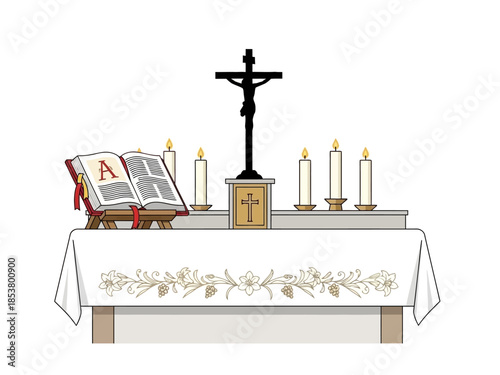 Altar with crucifix lit candles and open lectionary book