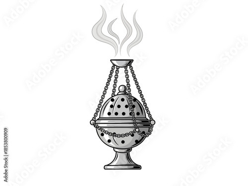 A grayscale illustration of a hanging censer with smoke rising