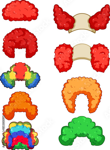 Various colorful cartoon clown wigs and hairpieces illustrating costume accessory, show business, comedy, circus, and party concepts on a white background