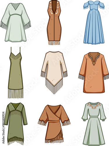Variety of dresses and tunics showcasing bohemian, folk, and western fashion concepts, featuring fringes and earthy color palettes on a white background