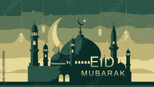 Eid Mubarak Mosque Silhouette with Crescent Moon and Lanterns