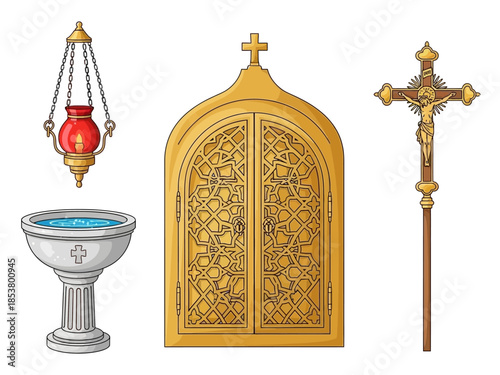 Four Christian religious objects hanging lamp baptismal font tabernacle and processional cross